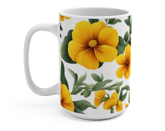 Gelbe Blumentasse, Volkskunst-Blumentasse, gelbe Wildblumen-Kaffeetasse, Boho-Blumen-Teetasse, Keramik-Kaffeetasse 15 oz, Geschenk für Kaffeeliebhaber