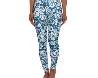 Blue White Floral Yoga Leggings, Women's Workout Pants, Activewear Leggings, Floral Pattern Athletic Tights, High Waisted Yoga Pants