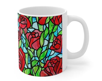 Red Rose Mug, Floral Mug, Gift For Her, Rose Lover Gift, Flower Mug, Stained Glass Design, Botanical Mug, 11oz Ceramic Coffee Mug, Red Green