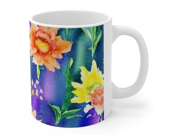 Yellow Floral Mug, Orange Floral Mug, Watercolor Flowers Mug, Floral Mug, Flower Lover Gift, Botanical Mug, Ceramic Coffee Mug 11oz