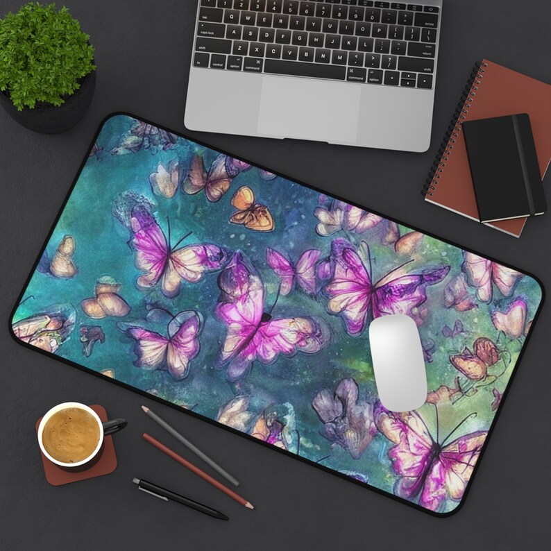 Alfombrilla de escritorio con mariposas, alfombrilla de escritorio con mariposas de acuarela, alfombrilla de escritorio con mariposas rosas, alfombrilla grande para teclado, alfombrilla grande para ratón, alfombrilla de escritorio de neopreno con diseño natural imagen 1