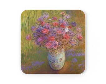 Impressionist Floral Vase Coaster, Pink Floral Coaster, Purple Floral Coaster, Cottagecore Wildflowers Coaster, Floral Cork Back Coaster