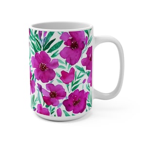 Watercolor Wildflowers Mug, Pink Floral Mug, Pink Flowers Mug, Gift For Her, Flower Garden Lover Gift, Latte Mug, 15oz Ceramic Coffee Mug
