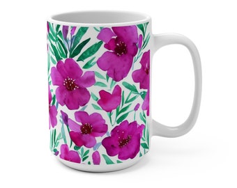 Watercolor Wildflowers Mug, Pink Floral Mug, Pink Flowers Mug, Gift For Her, Flower Garden Lover Gift, Latte Mug, 15oz Ceramic Coffee Mug