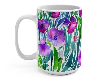 Watercolor Wildflowers Mug, Purple Floral Mug, Flowers Coffee Mug, Gift For Her, Flower Lover Gift, Latte Mug, 15oz Ceramic Coffee Mug
