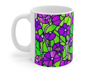 Tazza floreale viola, tazza da caffè con fiori viola, tazza floreale, regalo per lei, tazza da caffè in ceramica da 11 once, design in vetro colorato viola verde