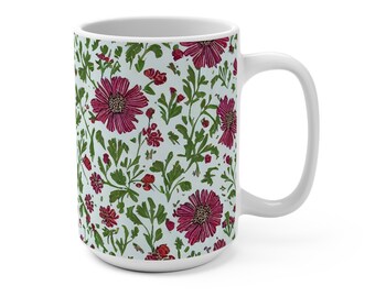 Red Floral Mug, Wildflowers Coffee Mug, Pressed Flowers Mug, Floral Coffee Mug, Gift For Her, Flower Lover Gift, 15oz Ceramic Mug Red Green