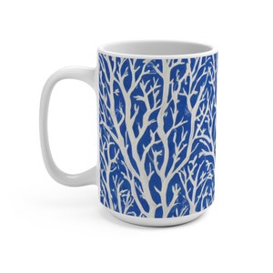 Tree Mug, Folk Art Tree Mug, Blue Tree Mug, Gift For Her, Gift For Him, Tree Lover Gift, Botanical Mug, Latte Mug, 15oz Ceramic Coffee Mug