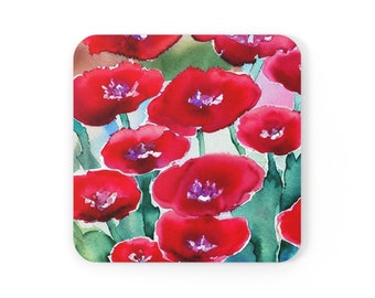 Watercolor Floral Coaster, Red Floral Coaster, Wildflowers Coaster, Red Flowers Coaster, Boho Floral Coaster, Floral Cork Back Coaster