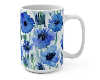 Watercolor Wildflowers Mug, Blue Floral Mug, Flowers Coffee Cup, Gift For Her, Flower Lover Gift, Latte Mug, 15oz Ceramic Coffee Mug