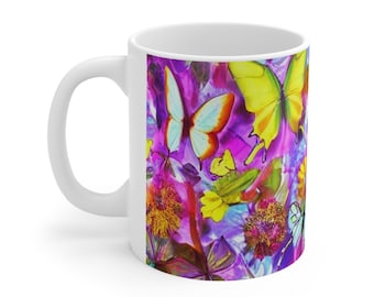 Butterfly Mug, Pink Floral Mug, Yellow Watercolor Floral Mug, Psychedelic Mug, Floral Mug, Flower Lover Gift, Ceramic Coffee Mug 11oz