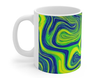 Psychedelic Mug, Retro Coffee Mug, 11oz Ceramic Coffee Mug, Swirled Paint Design Mug, Stained Glass Design Blue Green Yellow