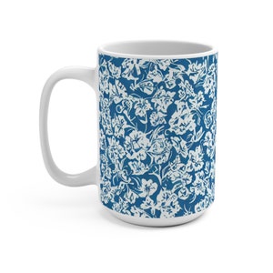 White Floral Mug, Vintage Floral Mug, Blue Floral Mug, Boho Floral Mug, Cottagecore Mug, Gift For Her, Latte Mug, 15oz Ceramic Coffee Mug image 1
