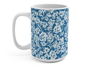 White Floral Mug, Vintage Floral Mug, Blue Floral Mug, Boho Floral Mug, Cottagecore Mug, Gift For Her, Latte Mug, 15oz Ceramic Coffee Mug