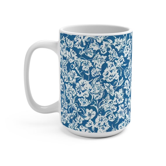 White Floral Mug, Vintage Floral Mug, Blue Floral Mug, Boho Floral Mug, Cottagecore Mug, Gift For Her, Latte Mug, 15oz Ceramic Coffee Mug