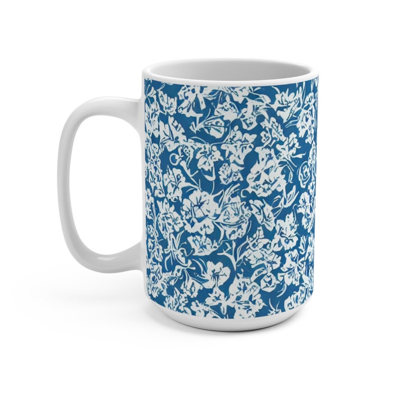 White Floral Mug, Vintage Floral Mug, Blue Floral Mug, Boho Floral Mug, Cottagecore Mug, Gift For Her, Latte Mug, 15oz Ceramic Coffee Mug image 1