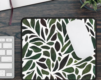 Folk Art Leaves Mousepad, Green Leaves Mousepad, Cottagecore Mousepad, Nature Mousepad, Boho Gaming Mousepad, Tree Leaves Mousepad
