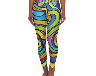 Psychedelic Swirl High Waisted Leggings, Blue Green Yellow Skinny Yoga Pants, Groovy Workout Tights, Hippie Festival Apparel, Trippy, Funky