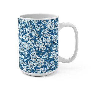 White Floral Mug, Vintage Floral Mug, Blue Floral Mug, Boho Floral Mug, Cottagecore Mug, Gift For Her, Latte Mug, 15oz Ceramic Coffee Mug image 3