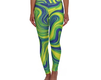 Psychedelic Swirl High Waisted Leggings, Blue Green Yellow Skinny Yoga Pants, Boho Workout Tights, Hippie Festival Wear, Fitness Apparel