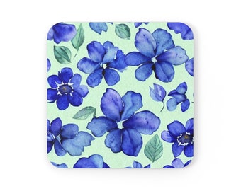 Posavasos con diseño floral de acuarela, posavasos con diseño floral azul, posavasos con flores silvestres, posavasos con diseño floral azul, posavasos con diseño floral estilo boho, posavasos con parte posterior de corcho