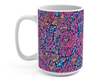 Boho Wildflowers Mug, Pink Floral Mug, Blue Floral Mug, Pink Flowers Mug, Folk Art Floral Mug, Floral Coffee Cup, Ceramic Coffee Mug 15 oz