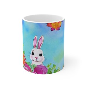 Cute Watercolor Bunny Rabbit Floral Flowers Easter Ceramic Coffee Mug 11oz