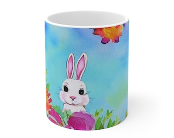 Cute Watercolor Bunny Rabbit Floral Flowers Easter Ceramic Coffee Mug 11oz