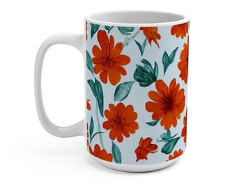Watercolor Wildflowers Mug, Orange Floral Mug, Flowers Coffee Cup, Orange Floral Tea Cup, Flower Garden Lover Gift, 15oz Ceramic Coffee Mug