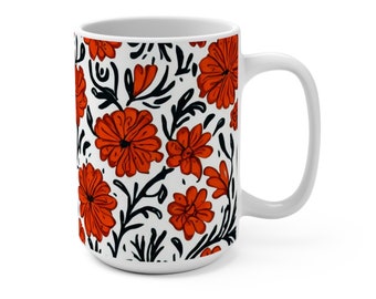 Taza con flores naranjas, taza con flores silvestres, taza con flores de arte popular, taza con flores, regalo para ella, regalo para amantes de las flores, taza con café con leche, taza de café de cerámica de 15 oz