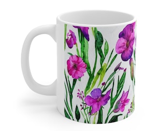 Taza floral de acuarela, taza floral rosa, taza floral púrpura, taza de flores silvestres, regalo amante de las flores, regalo para ella, taza de café de cerámica de 11 oz
