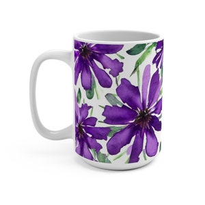 Watercolor Wildflowers Mug, Purple Floral Mug, Flowers Coffee Cup, Gift For Her, Flower Lover Gift, Latte Mug, 15oz Ceramic Coffee Mug