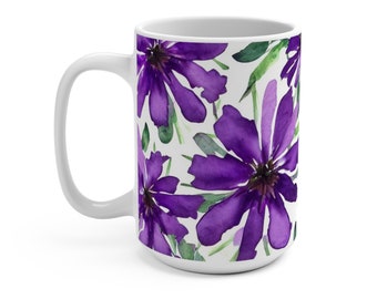 Watercolor Wildflowers Mug, Purple Floral Mug, Flowers Coffee Cup, Gift For Her, Flower Lover Gift, Latte Mug, 15oz Ceramic Coffee Mug