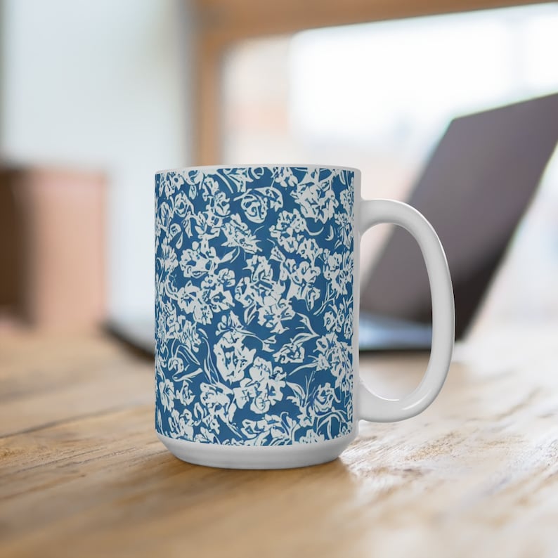 White Floral Mug, Vintage Floral Mug, Blue Floral Mug, Boho Floral Mug, Cottagecore Mug, Gift For Her, Latte Mug, 15oz Ceramic Coffee Mug image 4