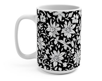 White Floral Mug, Boho Wildflowers Mug, Black Floral Mug, Gothic Floral Mug, Folk Art Floral Mug, Botanical Mug, Floral Ceramic Coffee Mug