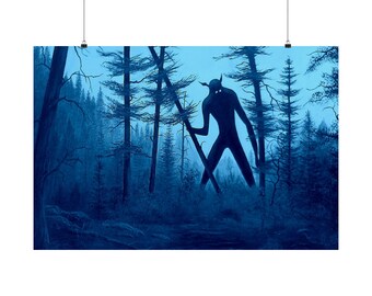 36x24 Forest Creature Monster Trees Nature Woods Blue Matte Horizontal Poster