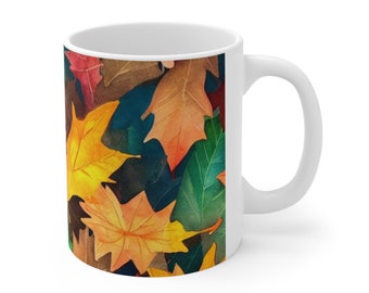 Watercolor Leaves Mug, Fall Leaves Mug, Autumn Leaves Mug, Yellow Leaves Mug, Tree Lover Mug, Nature Lover Gift, Ceramic Coffee Mug 11oz