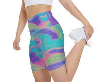 Psychedelic Swirl Workout Shorts, Yoga Running Gym Summer Activities Exercise Women's Shorts, Blue Purple Pink Print, Stretchy Athletic Wear