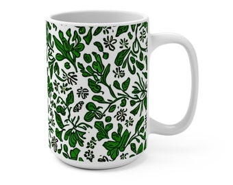 Taza floral verde, taza de flores silvestres, taza floral de arte popular, taza de flores, regalo para ella, regalo amante de las flores, taza de café con leche, taza de café de cerámica de 15 oz