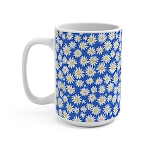 Cottagecore Wildflowers Mug, Blue Floral Mug, White Daisies Mug, Pressed Flowers Tea Cup, White Floral Coffee Cup, 15 oz Ceramic Coffee Mug