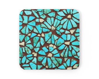 Southwest Floral Mosaic Tile Drink Coaster, Blue Flowers Beverage Coaster, Turquoise Floral Cork Back Beermat, Coffee Cup Table Mat