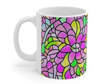 Pink Floral Mug, Pink Flowers Coffee Mug, Floral Mug, Flower Lover Gift, 11oz Ceramic Coffee Mug, Stained Glass Design Pink Yellow Green