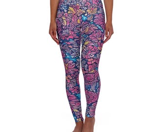 Blue Pink Floral Leggings, Yoga Pants, Stretchy Workout Tights, Boho Fitness Leggings, Floral Print Athletic Wear, High Waisted Leggings