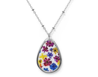 Boho Pressed Flowers Pendant, Pressed Flowers Necklace, Blue Floral Necklace, Yellow Flowers Pendant, Cottagecore Floral Necklace Pendant