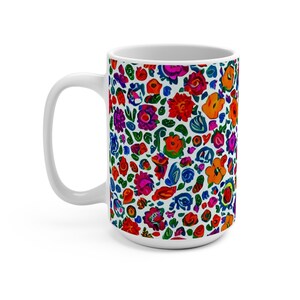 Boho Red Floral Mug, Blue Wildflowers Mug, Folk Art Floral Mug, Orange Floral Coffee Cup, Flower Lover Gift, 15 oz Ceramic Coffee Mug