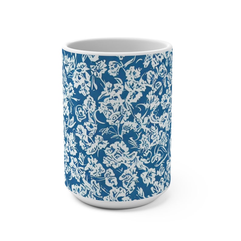 White Floral Mug, Vintage Floral Mug, Blue Floral Mug, Boho Floral Mug, Cottagecore Mug, Gift For Her, Latte Mug, 15oz Ceramic Coffee Mug image 2