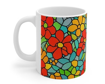 11oz Ceramic Coffee Mug Floral Flowers Stained Art Glass Style Design Blue Red Yellow Green
