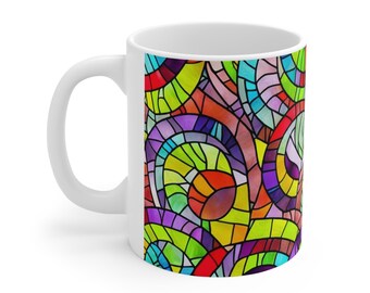 Psychedelic Mug, Retro Coffee Mug, 11oz Ceramic Coffee Mug, Swirled Paint Design Mug, Stained Art Glass  Design Blue Purple Green Red