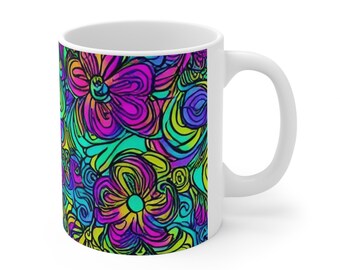 Psychedelic Floral Mug, Retro Coffee Mug, 11oz Ceramic Coffee Mug, Floral Coffee Mug, Stained Glass Design Purple Blue Green