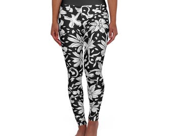 Floral Yoga Leggings, Black White Leggings, High Waisted Pants, Active Wear for Women, Workout Tights, Fitness Leggings